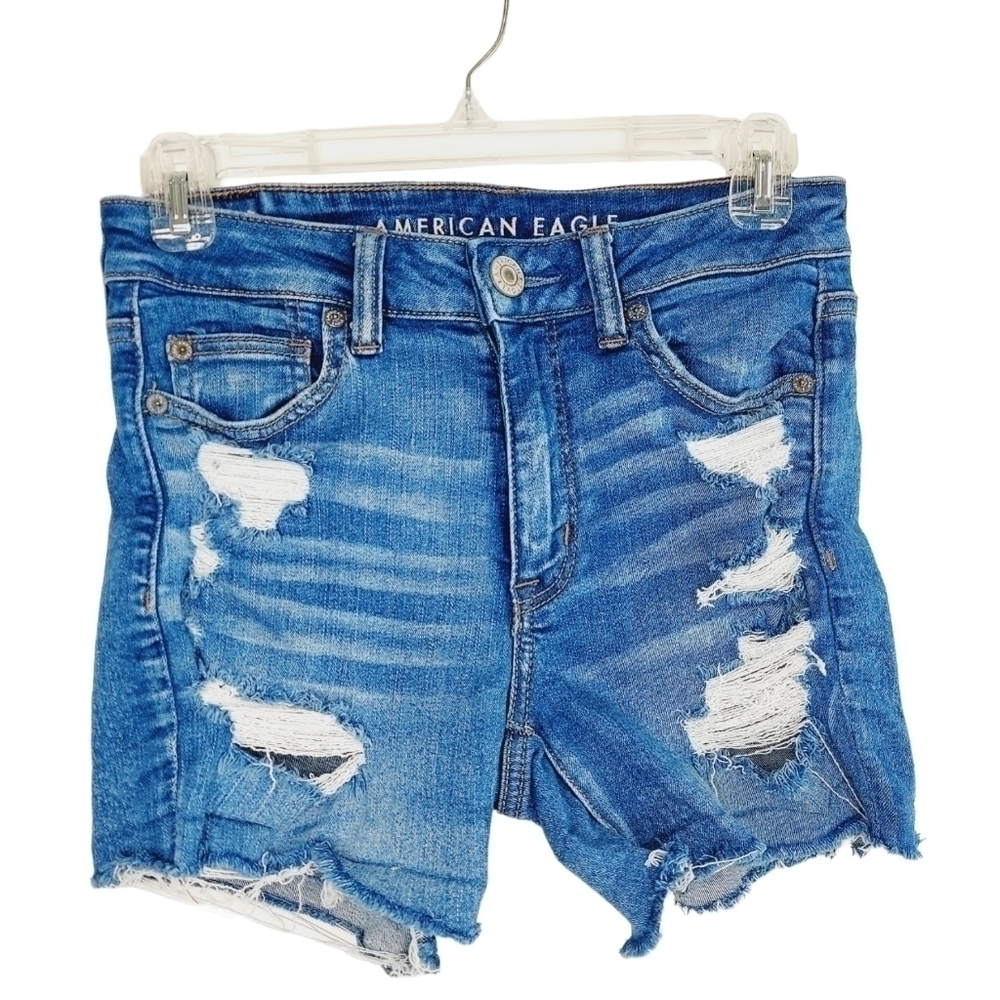 American Eagle Jean Shorts  Size 4 Blue High Rise Shortie Distressed Stretch EUC